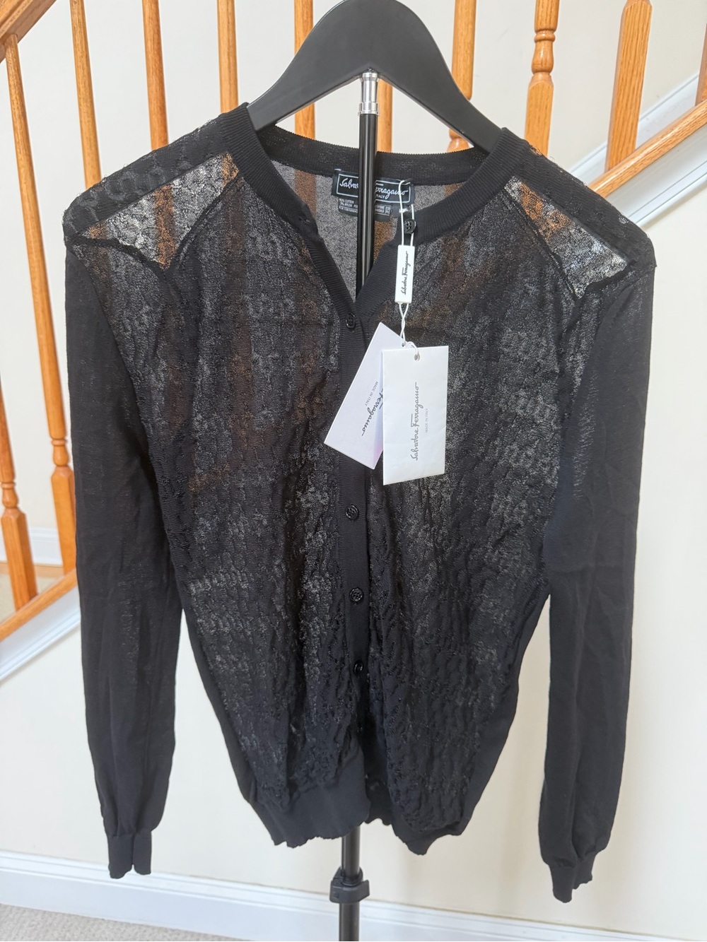Salvatore Ferragamo Black Sheer Lace-Front Cardigan Sweater